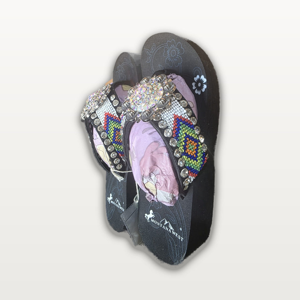 Rainbow Beaded Rosette Flip-Flops