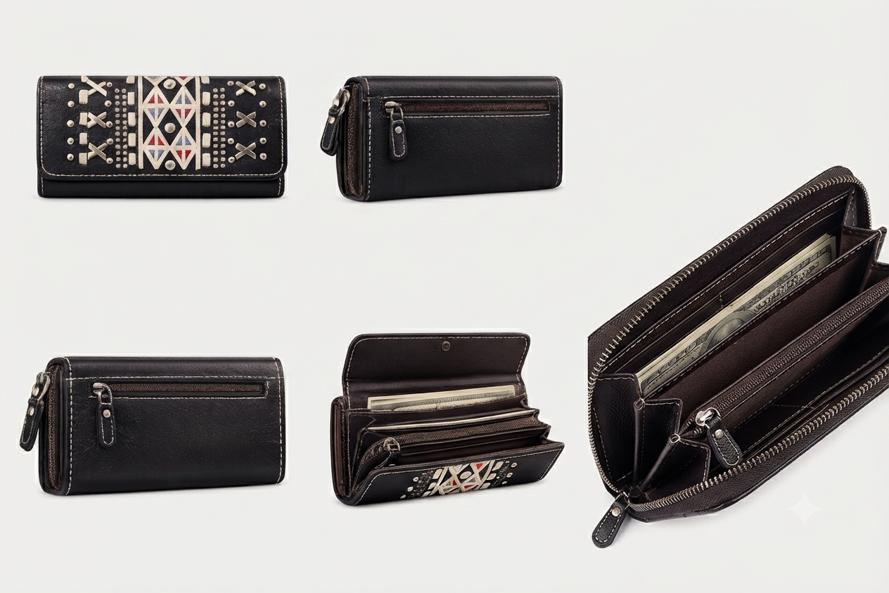 Black Aztec Studded Zip-Around Wallet