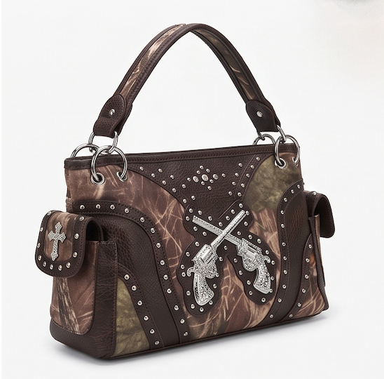 Brown Crossed-Pistols Camo Satchel