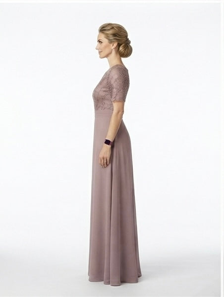 Mauve Lace Chiffon Evening Gown - Side View | Afayi Commerce