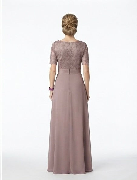 Mauve Lace Chiffon Evening Gown - Back View | Afayi Commerce