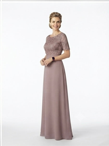 Mauve Lace Chiffon Evening Gown - Front Angle View | Afayi Commerce