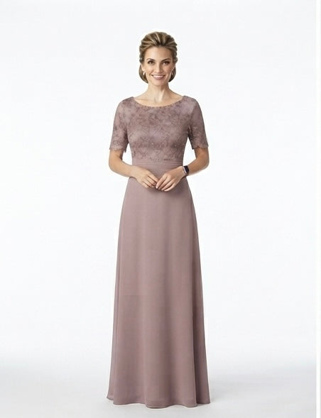 Mauve Lace Chiffon Evening Gown - Front View | Afayi Commerce