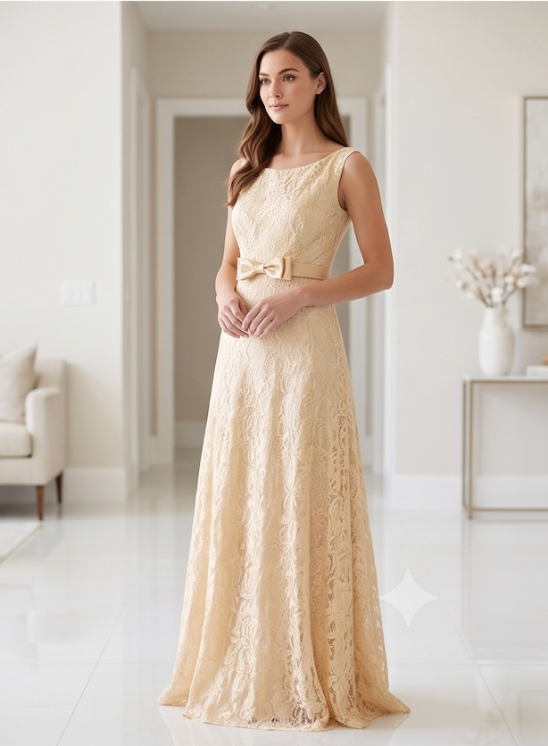 Champagne Gold-Lace Bow Gown