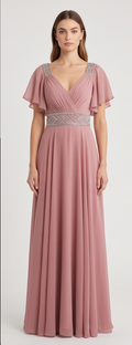 Mauve Flutter-Sleeve Chiffon Gown