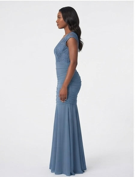 Slate Blue Lace Mermaid Gown - Side View | Afayi Commerce