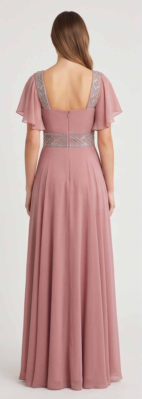 Mauve Flutter-Sleeve Chiffon Gown
