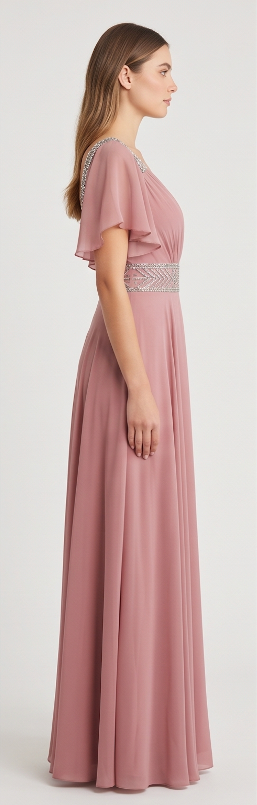 Mauve Flutter-Sleeve Chiffon Gown