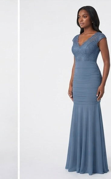 Slate Blue Lace Mermaid Gown - Front Angle View | Afayi Commerce