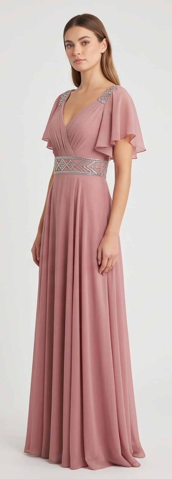 Mauve Flutter-Sleeve Chiffon Gown