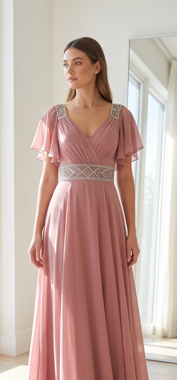 Mauve Flutter-Sleeve Chiffon Gown
