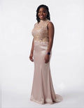 Champagne Satin Lace Gown - Front View | Afayi Commerce