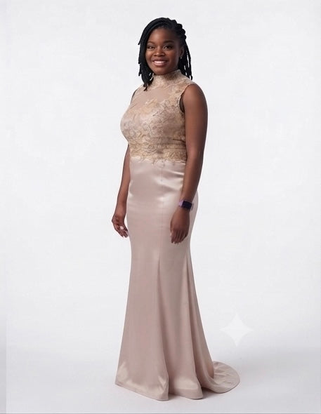 Champagne Satin Lace Gown - Front View | Afayi Commerce