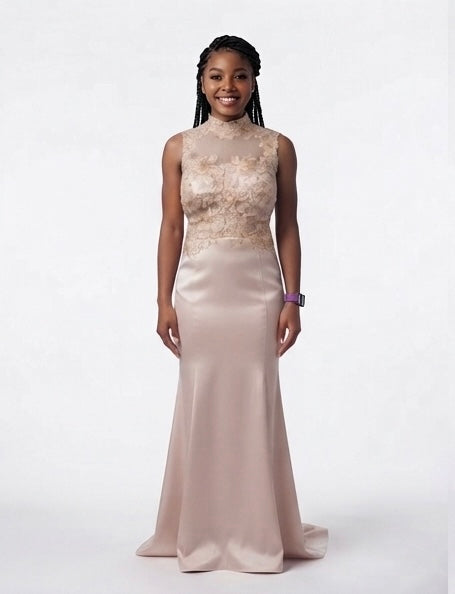 Champagne Satin Lace Gown - Front Angle View | Afayi Commerce