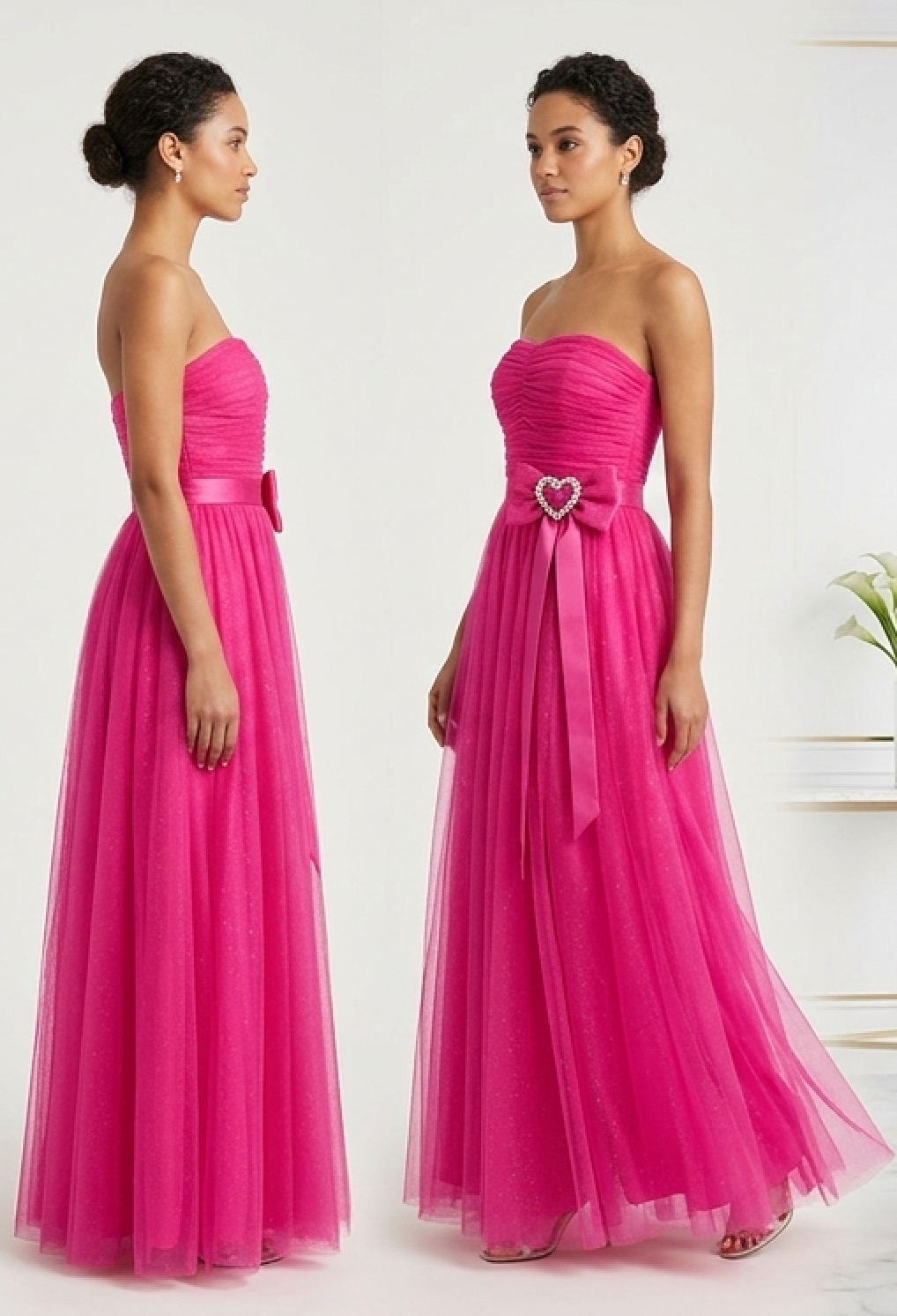 Fuchsia Bow Strapless Tulle Gown