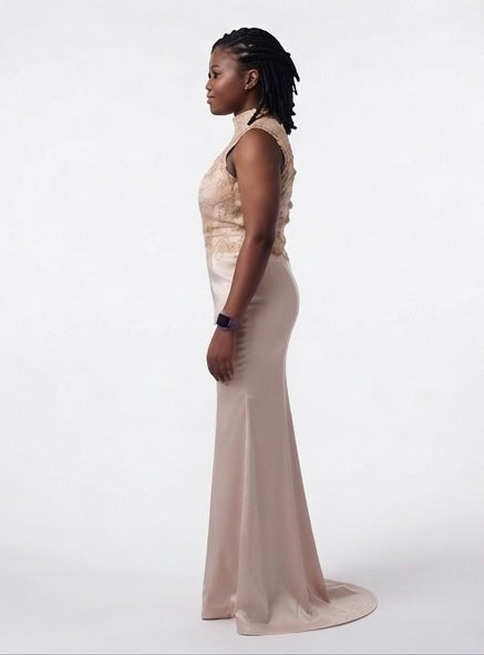 Champagne Satin Lace Gown - Side View | Afayi Commerce