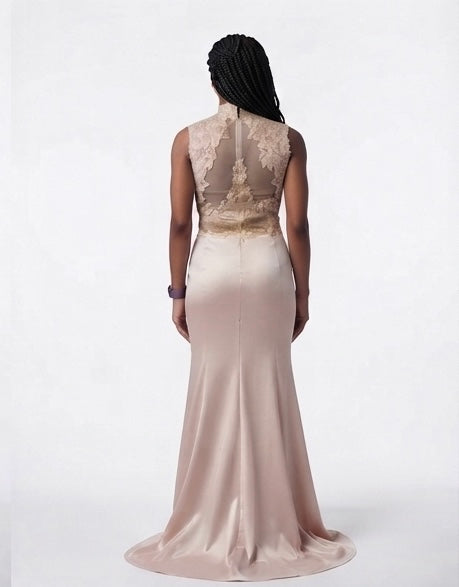 Champagne Satin Lace Gown - Back View | Afayi Commerce