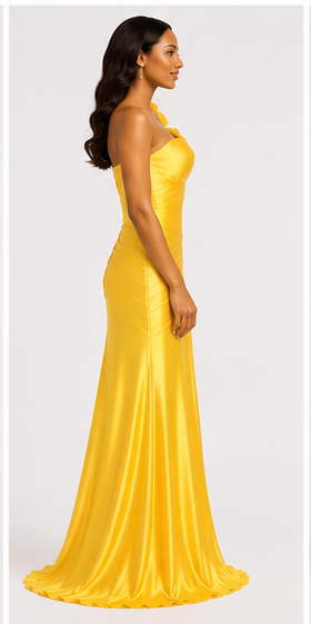 Yellow One-Shoulder Satin Gown - Yellow (view 3)