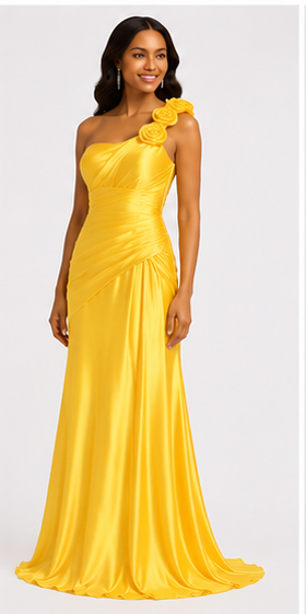 Yellow One-Shoulder Satin Gown - Yellow (view 4)