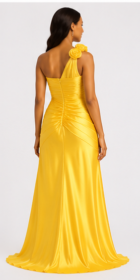 Yellow One-Shoulder Satin Gown - Yellow (view 5)