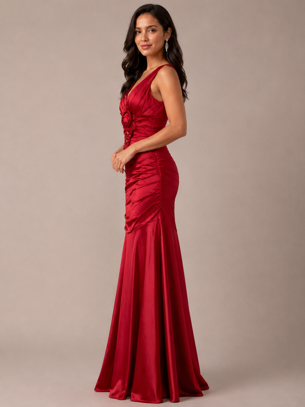 Red Satin Rosette Mermaid Gown - Red (view 4)