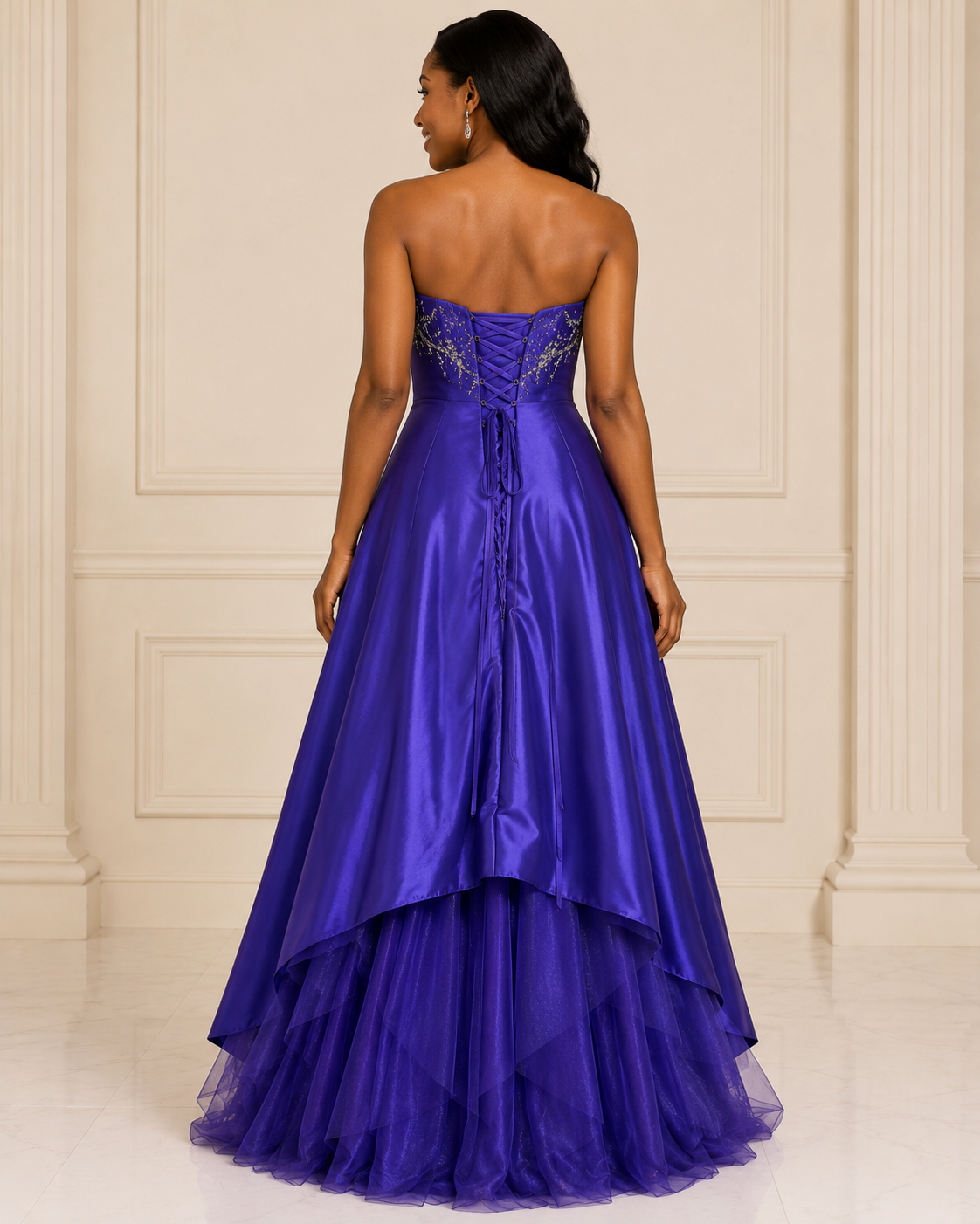 Purple Satin Strapless Cascade Gown - Purple (view 3)