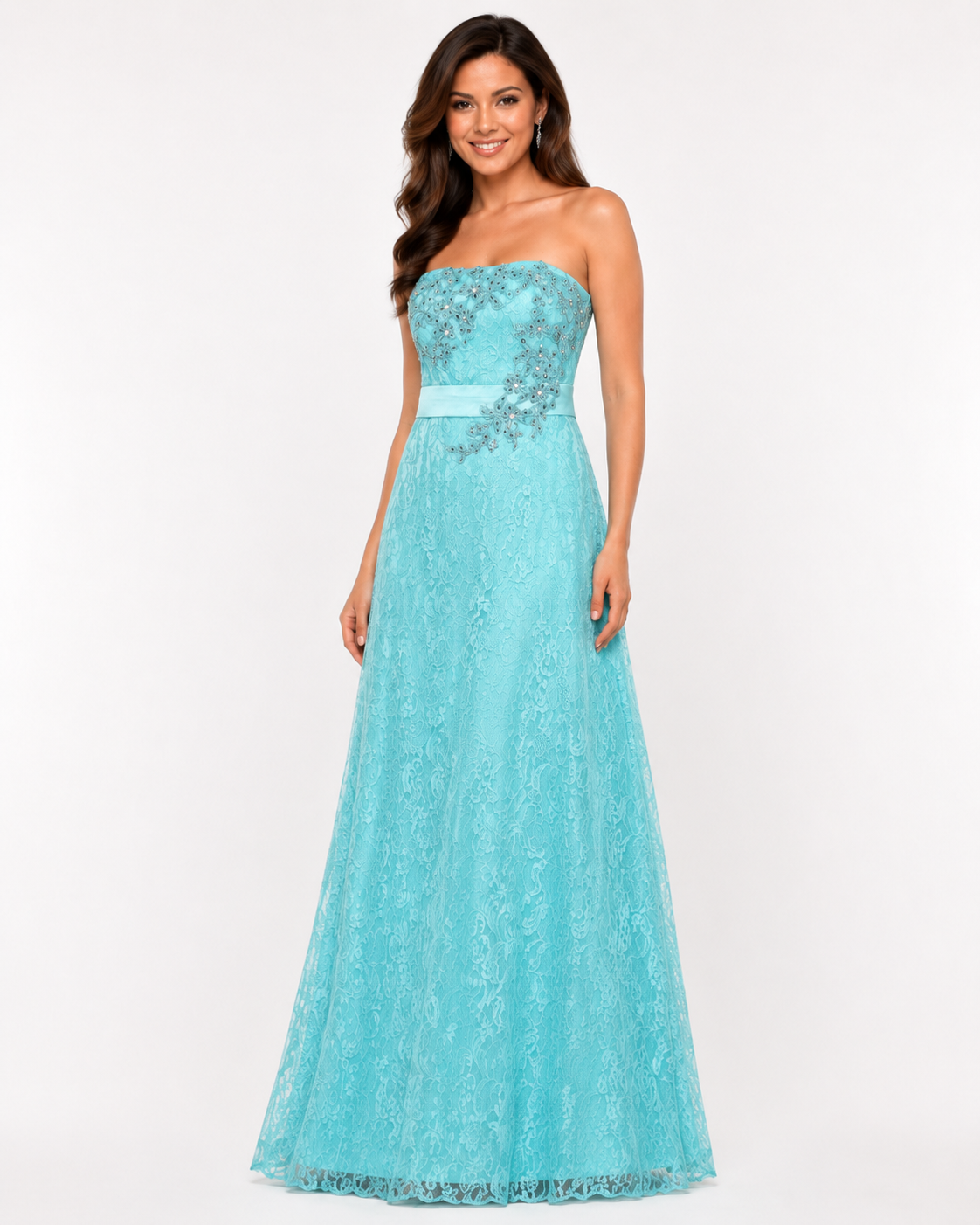 Turquoise Lace Strapless Gown - Turquoise (view 3)