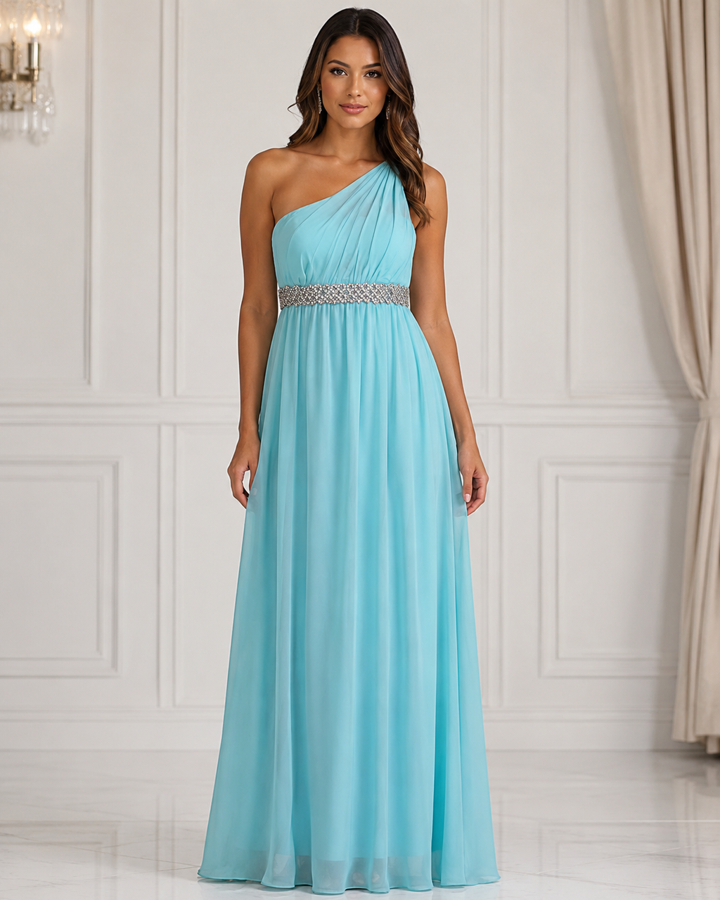 Aqua One-Shoulder Beaded-Waist Gown - Aqua (view 1)