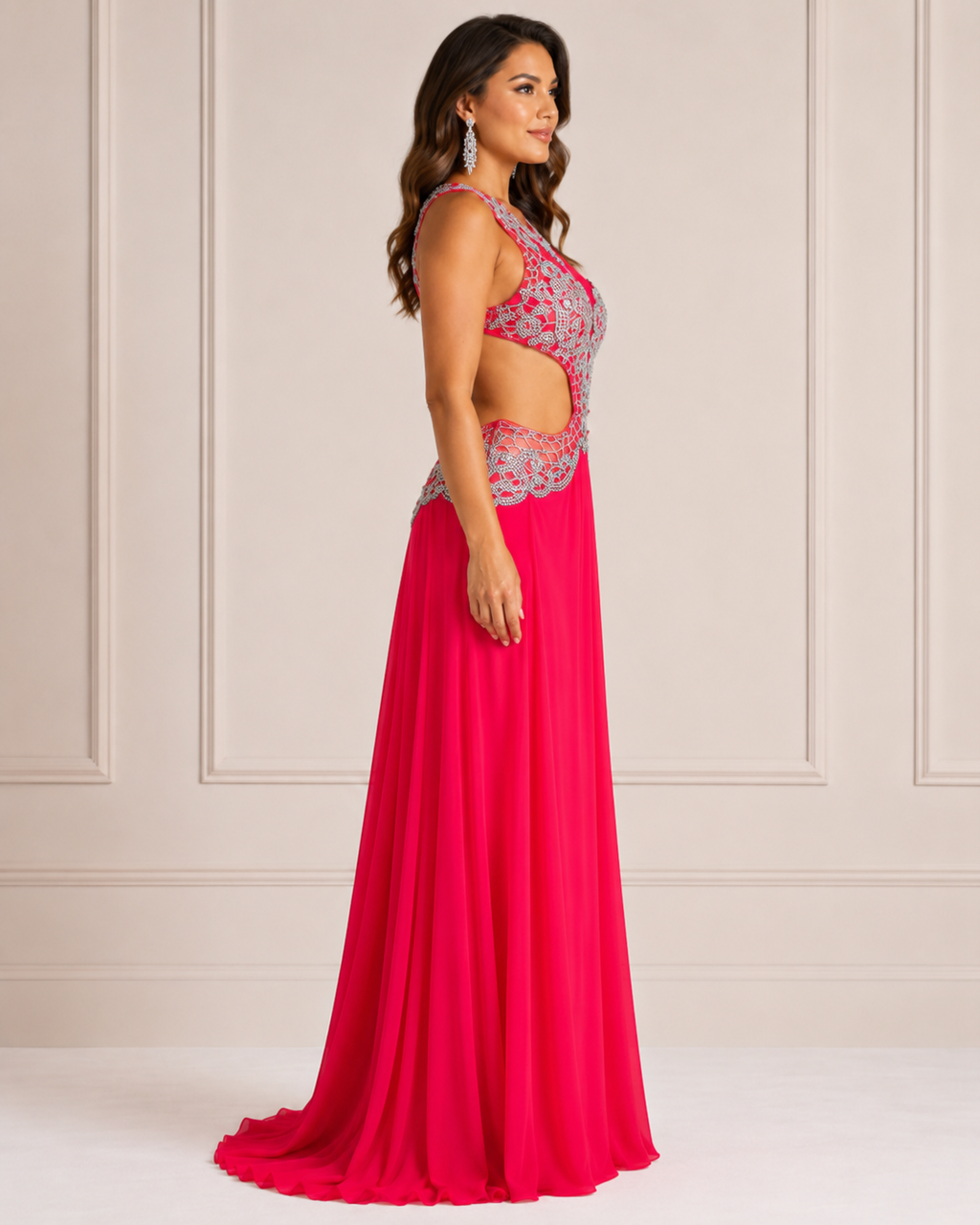 Fuchsia Beaded Cutout Gown - Fuchsia (view 2)