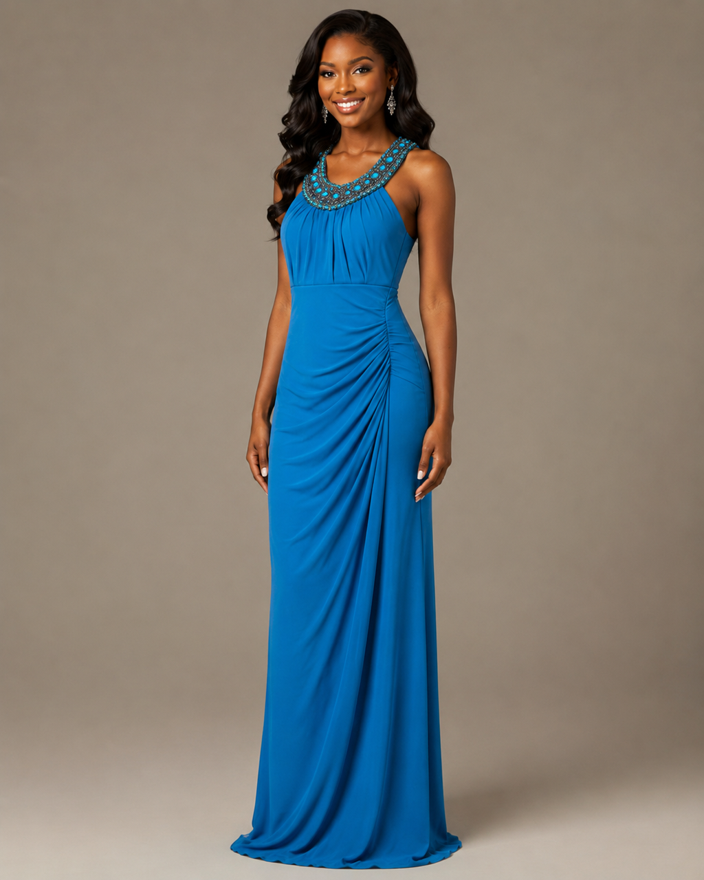 Royal Blue Halter Ruched Gown - Royal Blue (view 1)