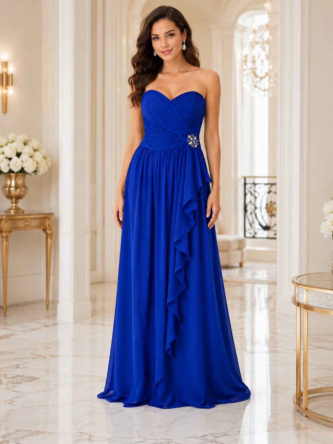 Royal Blue Chiffon Cascade Gown - Royal Blue (view 5)