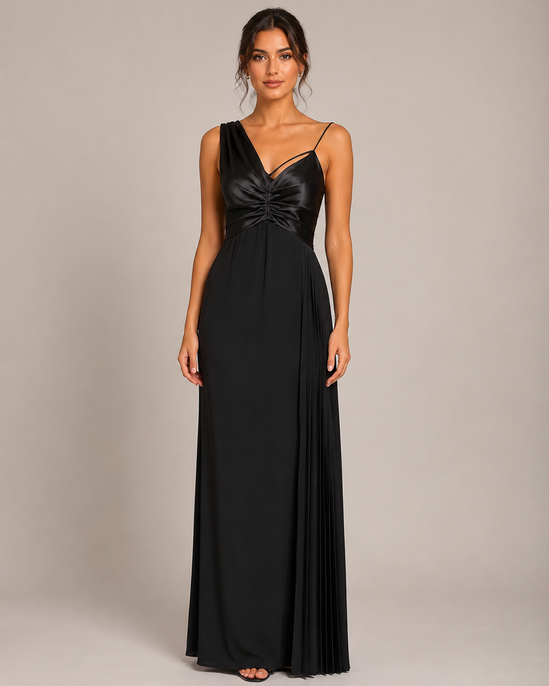 Navy V-Neck Satin Beaded-Waist Gown - Navy (view 1)