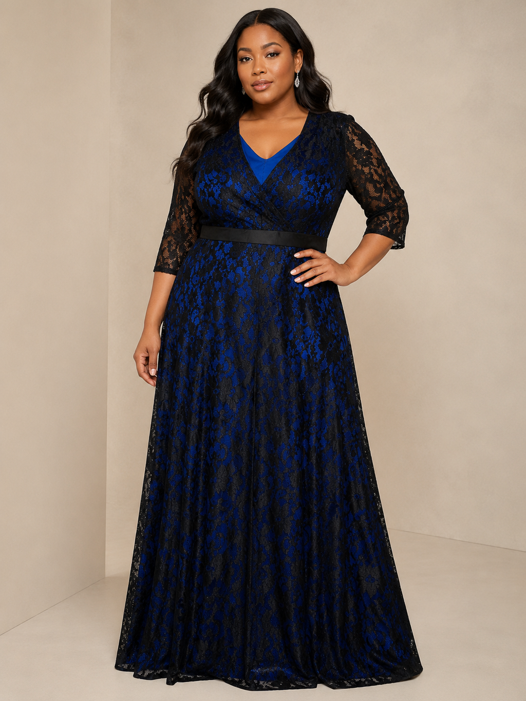 Navy Lace V-Neck Sleeve Gown - Navy (view 3)