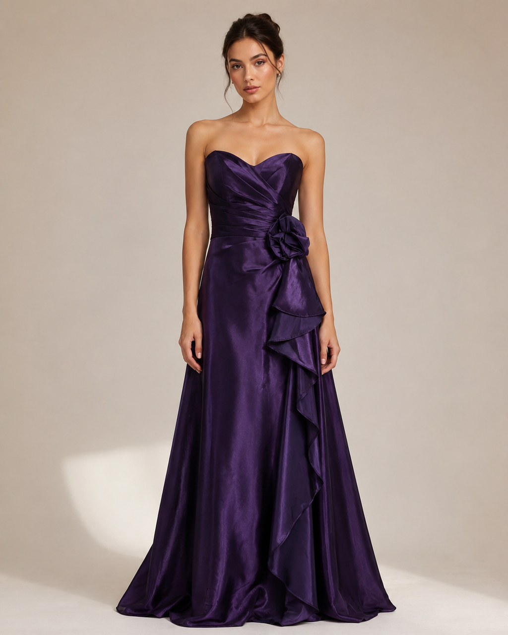 Purple Satin Strapless Cascade Gown - Purple (view 6)