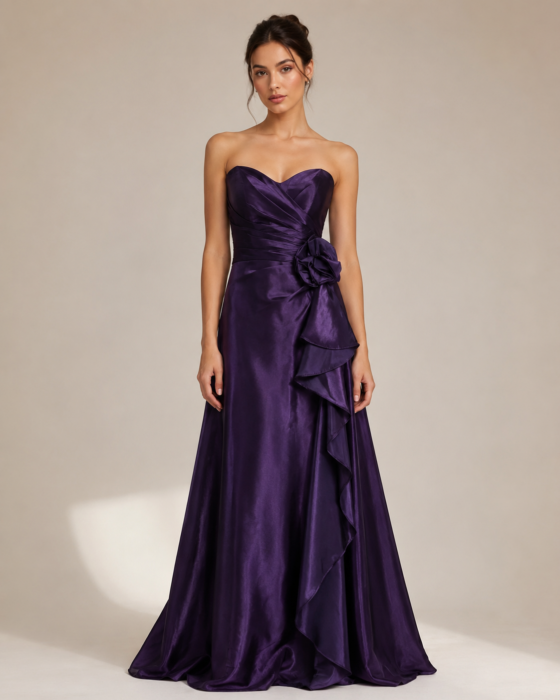 Purple Satin Strapless Cascade Gown - Purple (view 6)