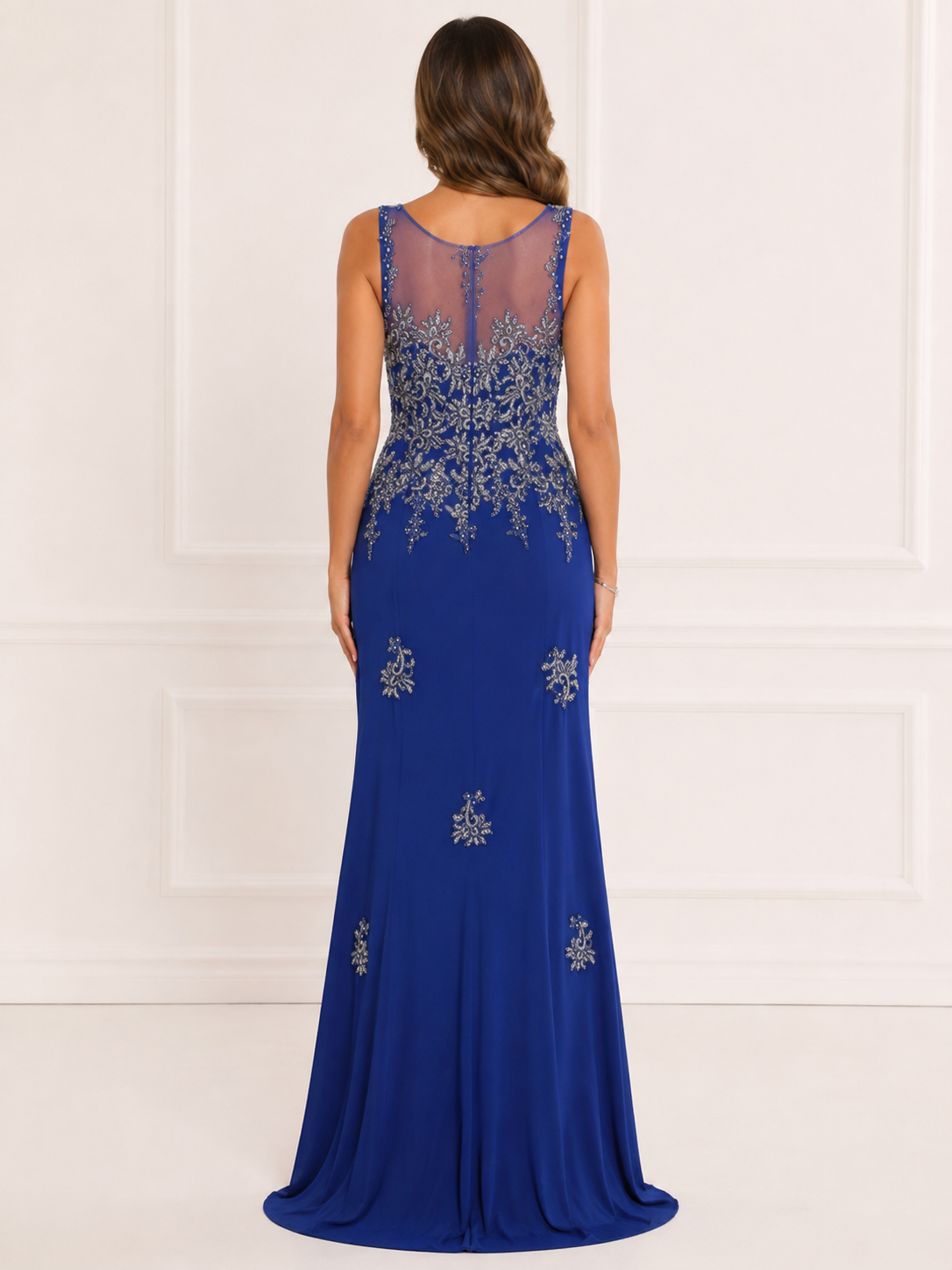 Royal Blue Beaded Illusion Column Gown - Royal Blue (view 4)