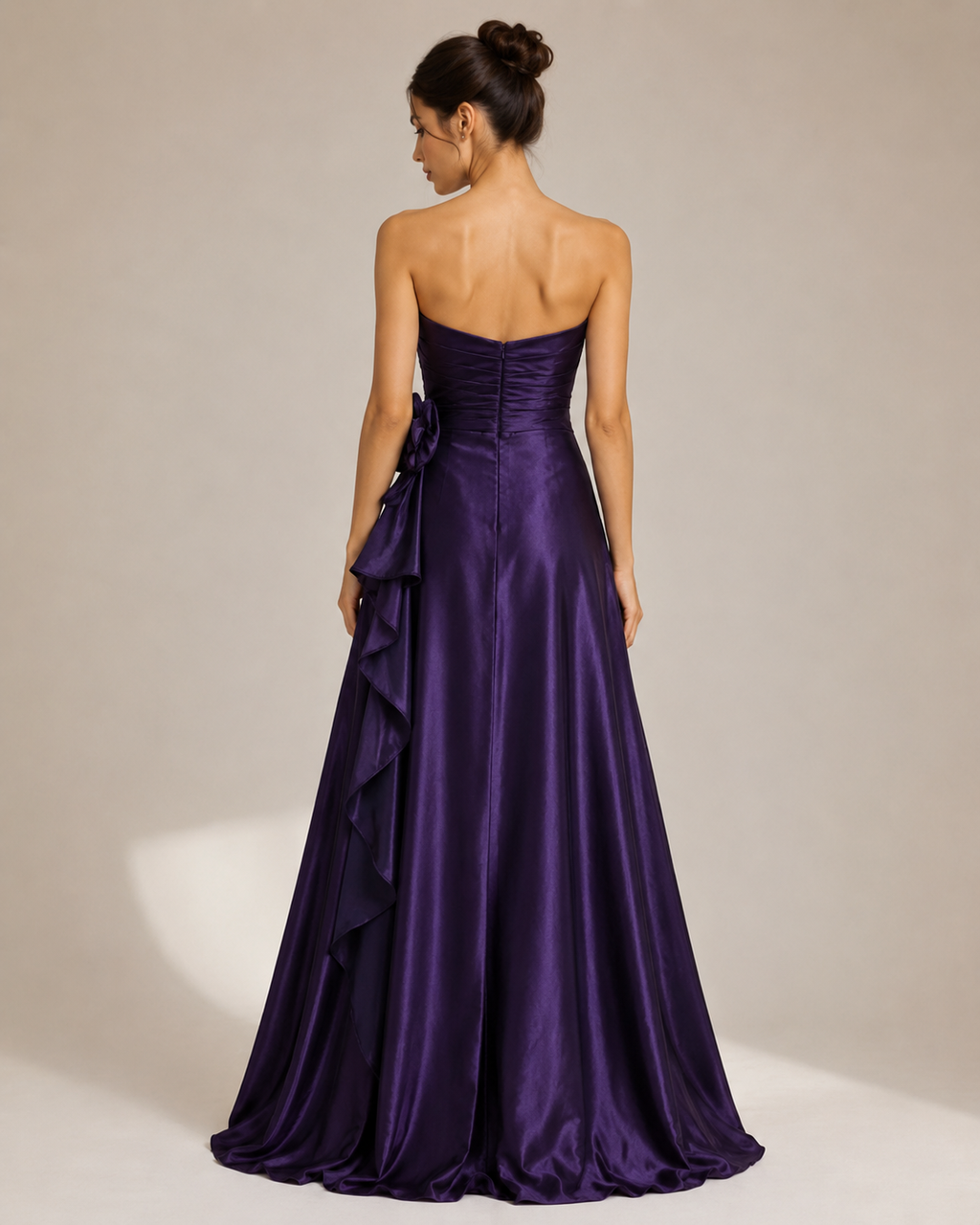 Purple Satin Strapless Cascade Gown - Purple (view 2)