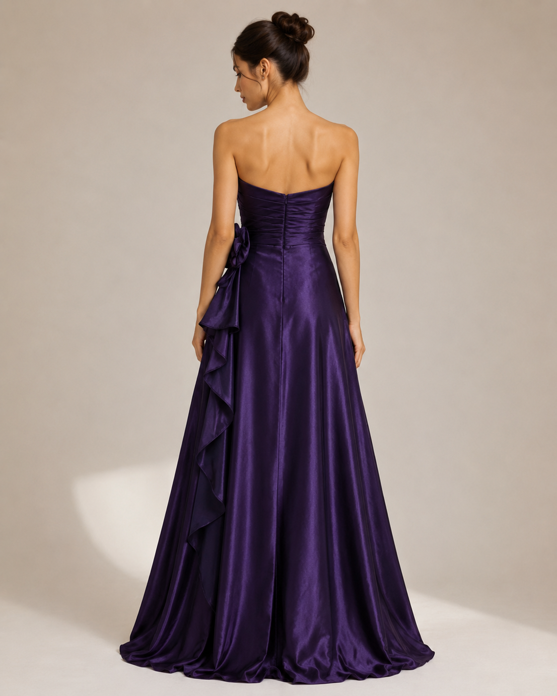 Purple Satin Strapless Cascade Gown - Purple (view 2)