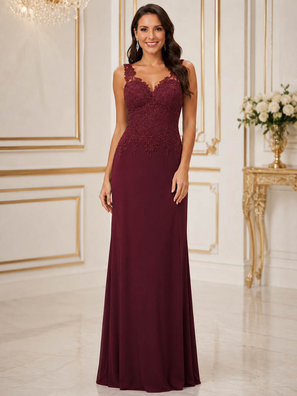 Burgundy Sweetheart Beaded Cascade Gown - Burgundy (view 2)