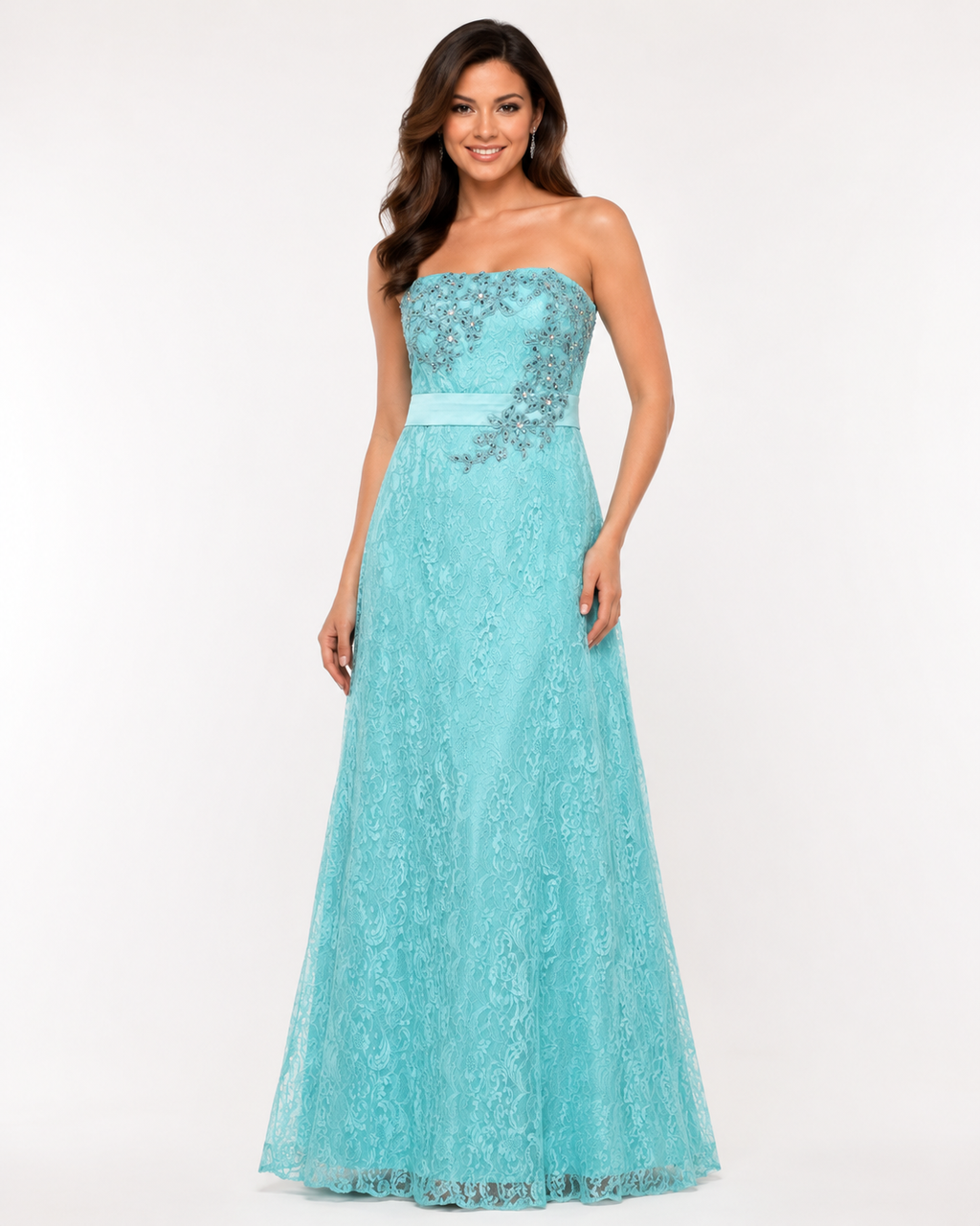 Turquoise Lace Strapless Gown - Turquoise (view 2)