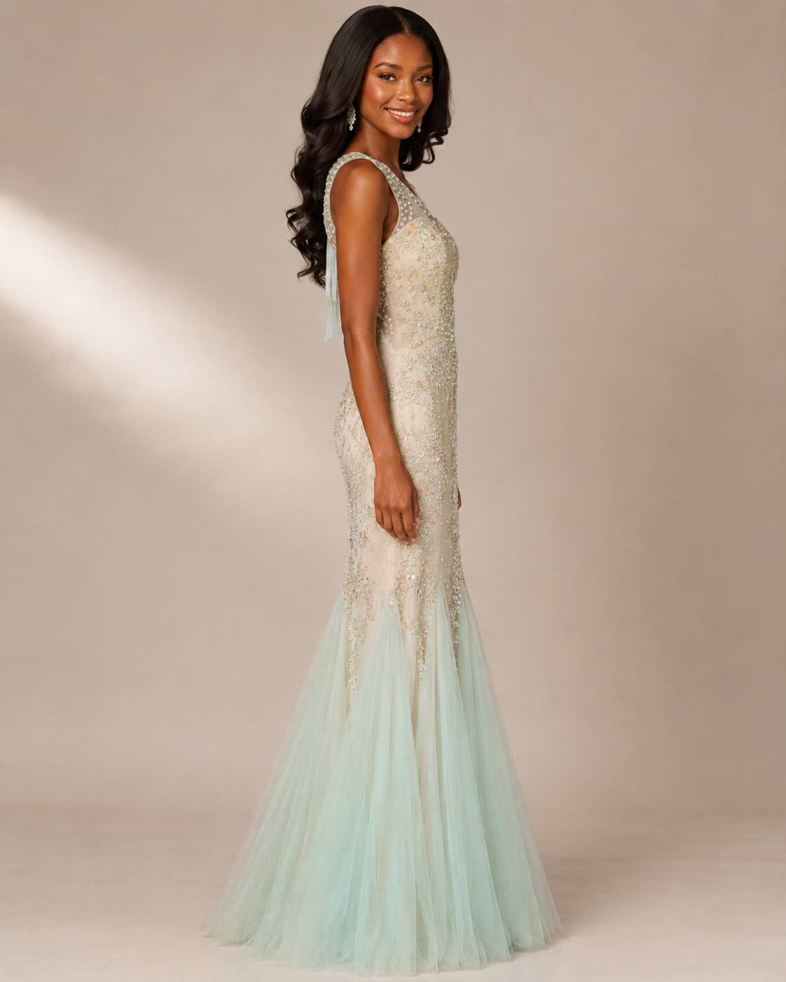 Mint Beaded Tulle Mermaid Gown - Mint (view 6)