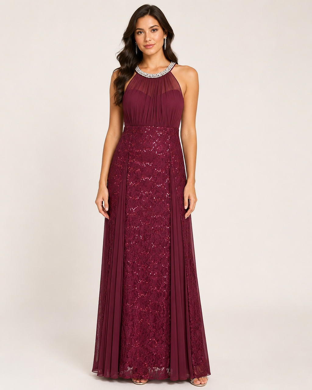 Wine Lace Column Gown - Wine (view 1)