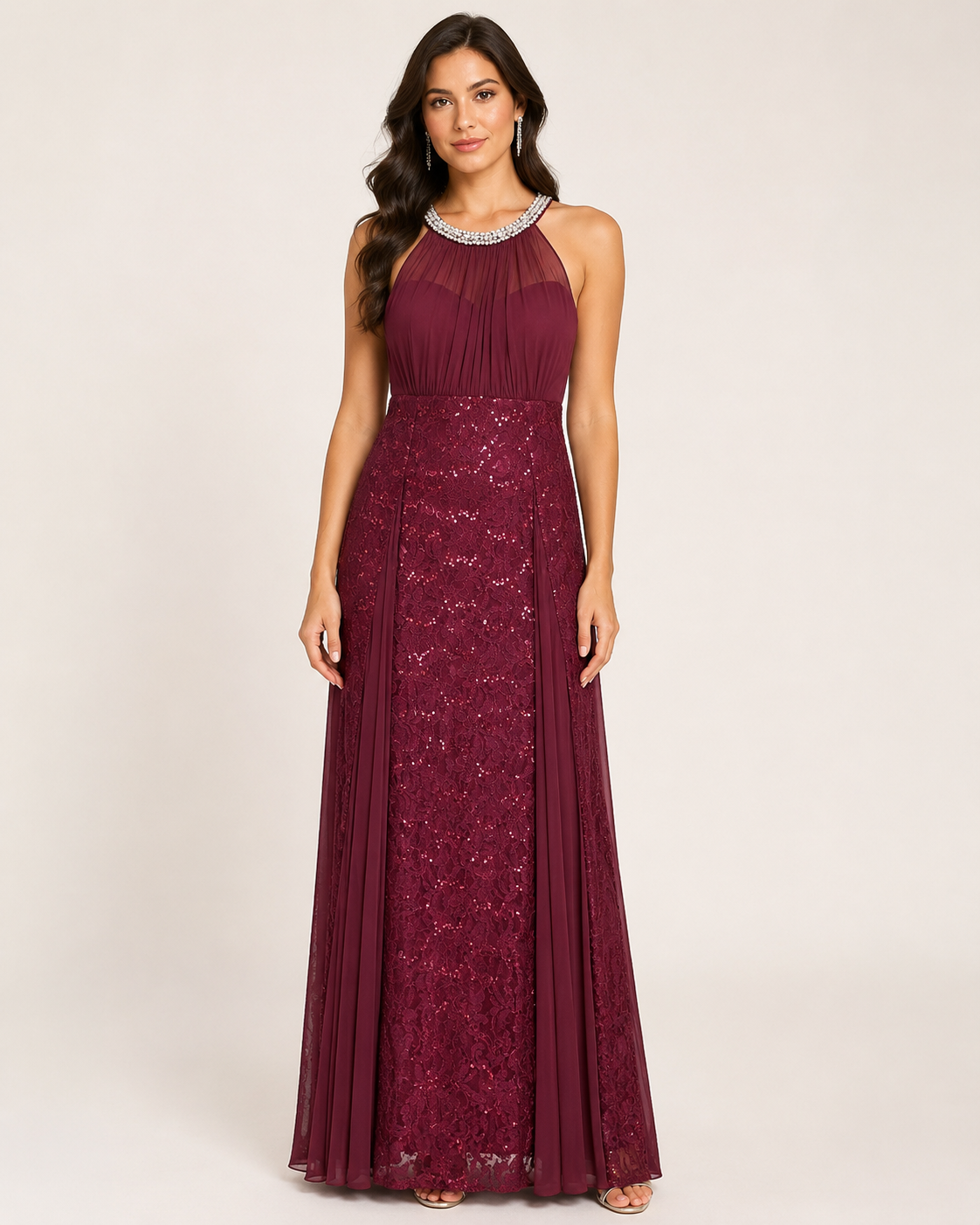 Wine Lace Column Gown - Wine (view 1)