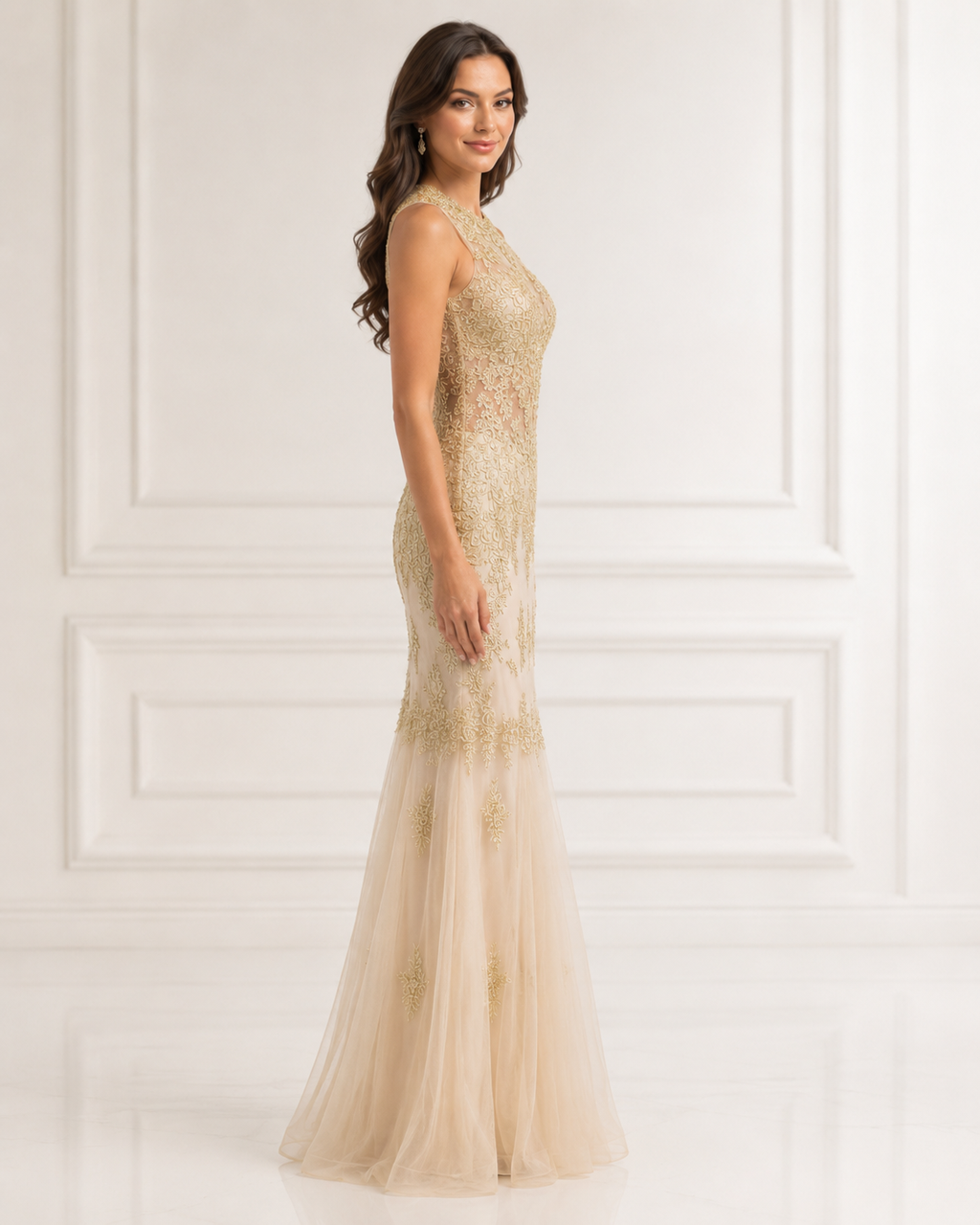 Champagne Flowing Party Gown - Champagne (view 2)