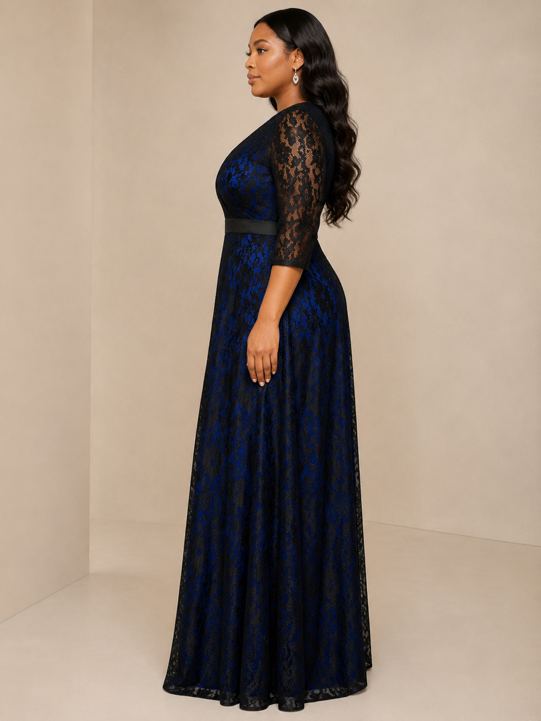 Navy Lace V-Neck Sleeve Gown - Navy (view 8)