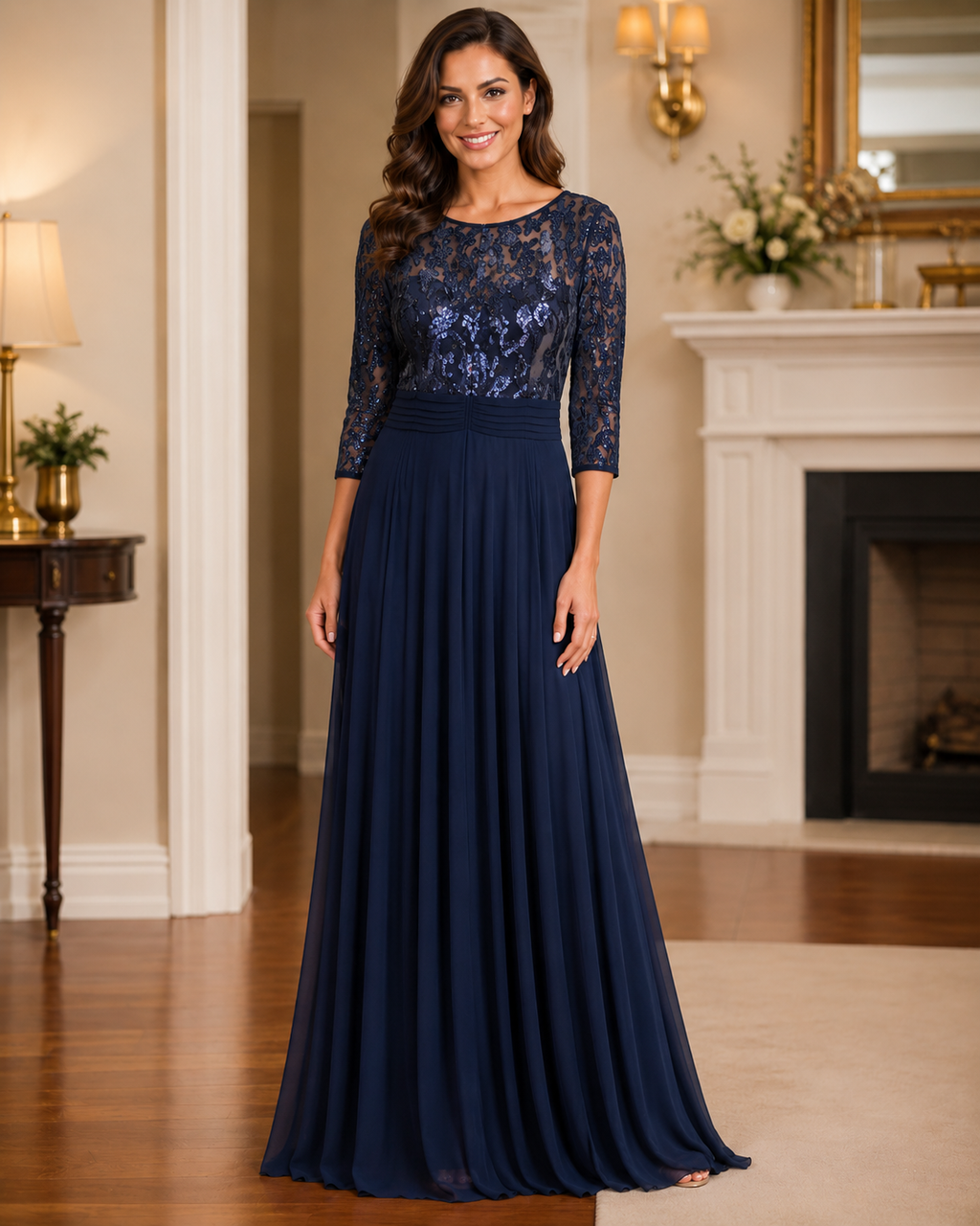 Navy Lace V-Neck Sleeve Gown - Navy (view 6)