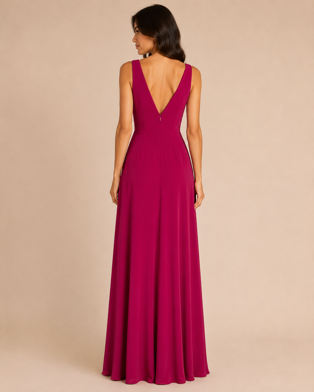 Red V-Neck Chiffon Gown - Red (view 4)