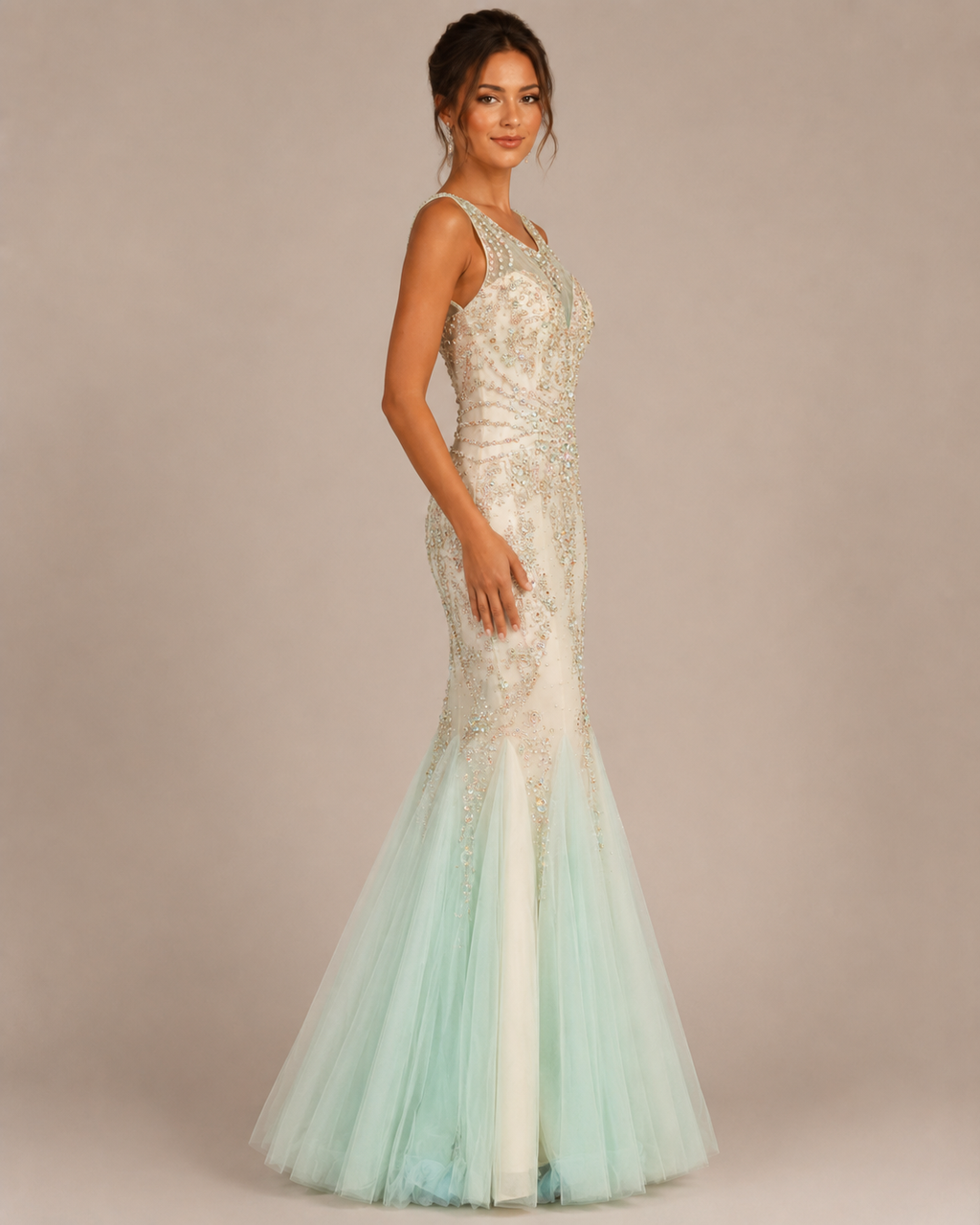 Mint Beaded Tulle Mermaid Gown - Mint (view 1)