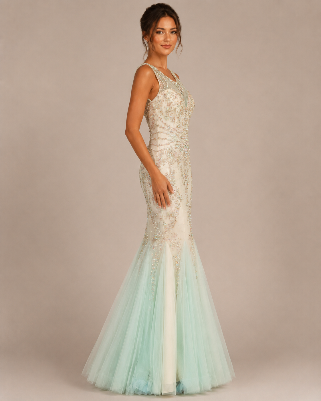 Mint Beaded Tulle Mermaid Gown - Mint (view 1)
