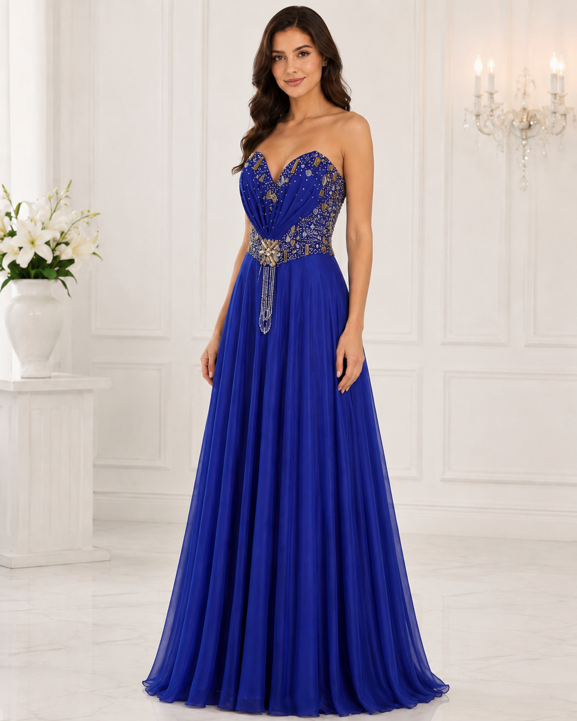 Royal Blue Beaded Illusion Column Gown - Royal Blue (view 5)